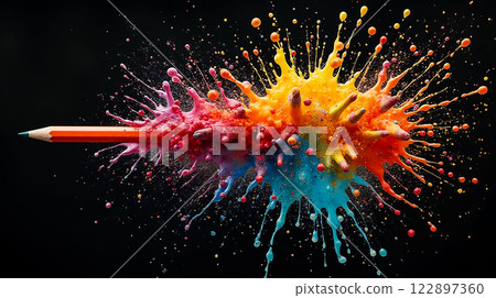 Vibrant explosion of colors from a pencil creating a dynamic art piece on a black background 122897360