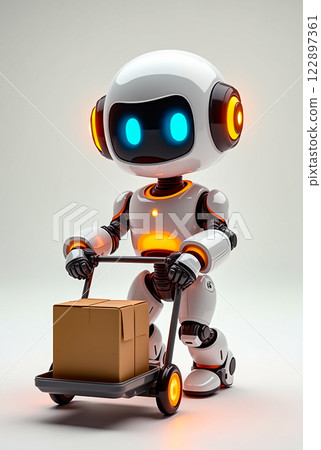 Compact delivery robot transports box using a small cart in a futuristic setting with glowing elements Compact delivery robot transports box using a small cart in a futuristic setting with glowing elements 122897361
