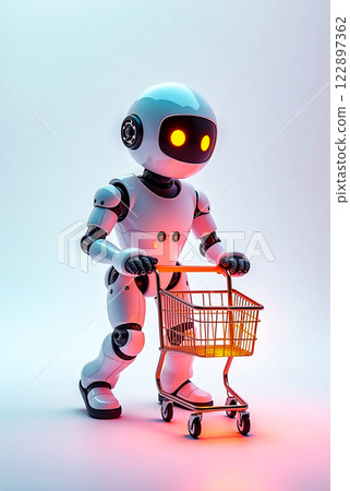 Robot shopping in a futuristic environment with an illuminated cart Robot shopping in a futuristic environment with an illuminated cart 122897362