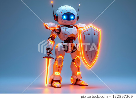 Robot warrior standing proudly with a glowing sword and shield in a futuristic setting Robot warrior standing proudly with a glowing sword and shield in a futuristic setting 122897369