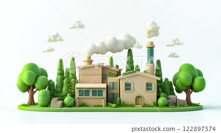 Green landscape with a factory and house showcasing eco-friendly design elements and lush trees Green landscape with a factory and house showcasing eco-friendly design elements and lush trees 122897374