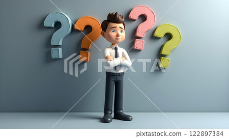 Confused young man standing in front of colorful question marks on a light background 122897384