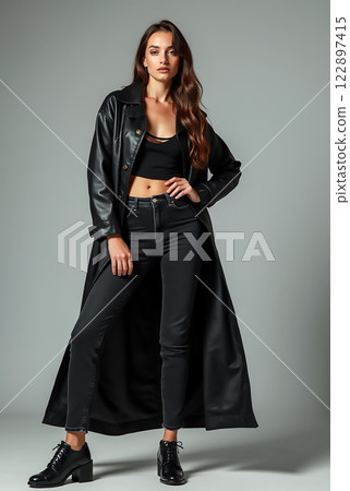 Stylish model poses confidently in black attire with a long coat and sleek shoes against a neutral backdrop 122897415