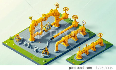 Yellow industrial piping system displayed in a clean environment with valves and machinery 122897440