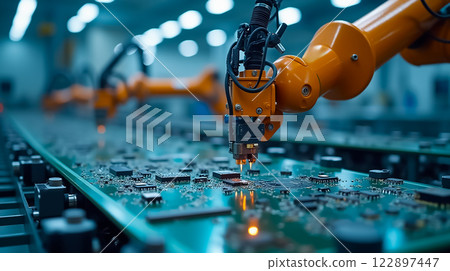 Robot arms assembling circuit boards in a high-tech manufacturing facility during daytime Robot arms assembling circuit boards in a high-tech manufacturing facility during daytime 122897447