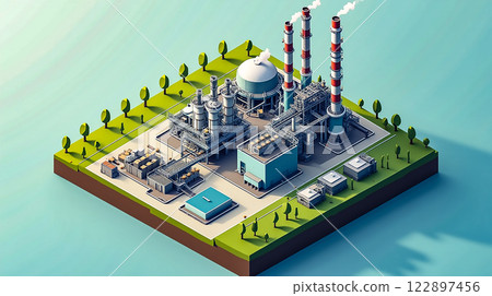 Industrial facility featuring smokestacks and storage tanks in a modern landscape Industrial facility featuring smokestacks and storage tanks in a modern landscape 122897456