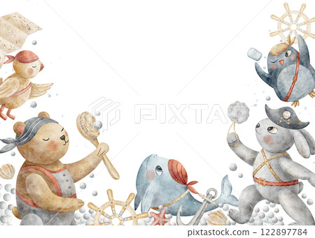 Frame pirates animals, bear, penguin, parrot, rabbit, brush, soap, loofah. Watercolor hand drawn illustration in cartoon style. Template for card design, party decoration, birthday, bath, shower 122897784
