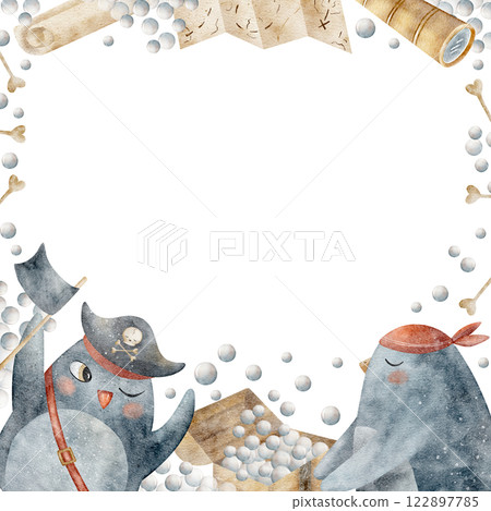 Frame watercolor pirates penguins, bubble chest, map, spyglass. Illustration hand drawn in cartoon style. Template for card design, party decoration, birthday, bath, shower, invitations 122897785