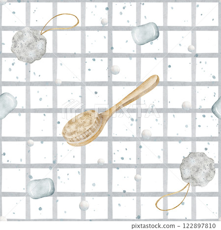 Watercolor gray checkered pattern in nautical style with shower brush, bath soap, loofah. Hand drawn illustration on white. Seamless print for textile, fabric, packaging, clothes, wallpaper, print Watercolor gray checkered pattern in nautical style with shower brush, bath soap, loofah. Hand drawn illustration on white. Seamless print for textile, fabric, packaging, clothes, wallpaper, print 122897810