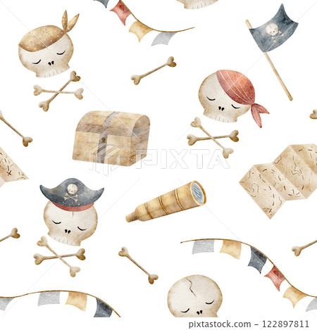 Watercolor pattern pirates, sailors skulls, bones, chest, map, spyglass. Children's illustration, hand-drawn in cartoon style. Isolated on white background fabric, textile, packaging, clothes, paper 122897811