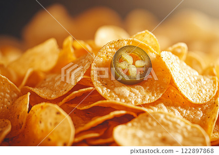 Piled high with cheese and jalapenos, these nachos capture the essence of party junk food  122897868