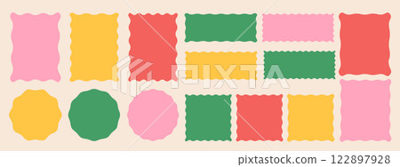 Colored geometric frames with scallop edges set. Trendy silhouette rectangle, circle, square borders. 122897928