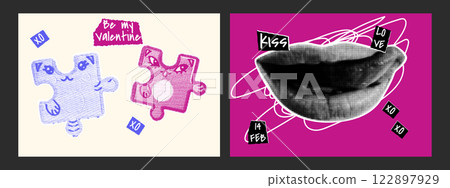 Retro punk Valentine's Day postcards. Lips, puzzles. Halftone collage. Dotted pop art style. Modern vector illustration. 122897929