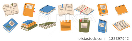 Set of hand drawn books. Stacks of books, notebooks, notes, open books. Education concept Set of hand drawn books. Stacks of books, notebooks, notes, open books. Education concept 122897942