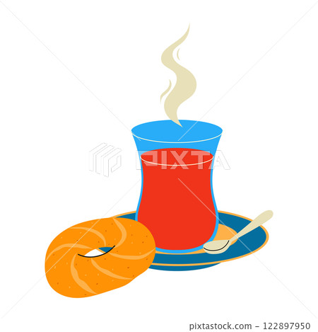 Glass of Turkish tea with simit. Traditional hot drink and bagel. Hand drawn vector illustration. Glass of Turkish tea with simit. Traditional hot drink and bagel. Hand drawn vector illustration. 122897950