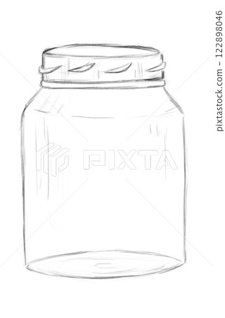 Black and White Illustration with Empty Glass Jar with Thread, Sketch Clip Art for Print, Fabric, Web and Textile 122898046