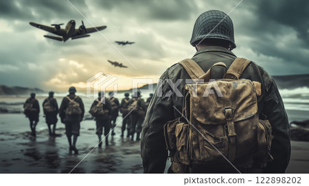 Cinematic of World War II soldiers. Military operation and War Concept. Generative Ai. 122898202