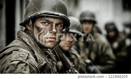 Cinematic of World War II soldiers. Military operation and War Concept. Generative Ai. Cinematic of World War II soldiers. Military operation and War Concept. Generative Ai. 122898205