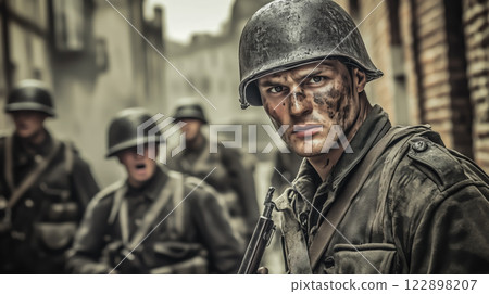 Cinematic of World War II soldiers. Military operation and War Concept. Generative Ai. 122898207