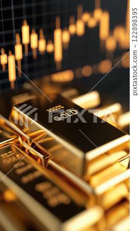 dramatic close up of shining gold bars with financial graphs in background 122898395