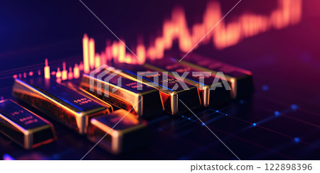 Dramatic close up of shining gold bars with financial graph background 122898396
