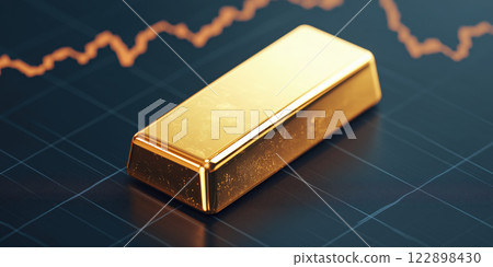 glowing gold bar symbolizes wealth above rising stock market trend 122898430