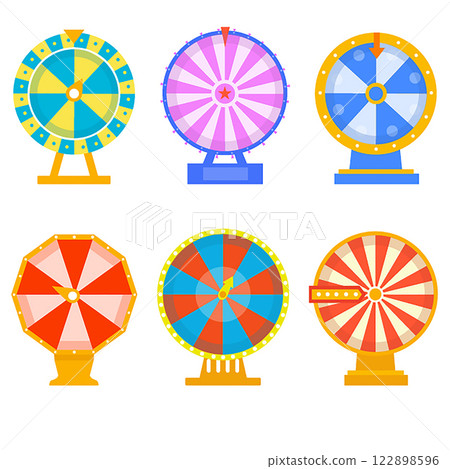 Set Of Colorful Wheel Of Fortune Games Featuring Vibrant Patterns, Arrows,Blank wheel, Lucky ,Vector illustrations. 122898596