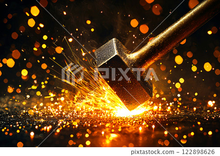 A stylized close up of metal being hammered into jewelry captures sparks flying 122898626