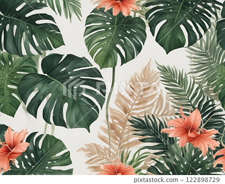 Modern Tropical Monstera Leaves with Coral Flower | Botanical Wall Art 122898729