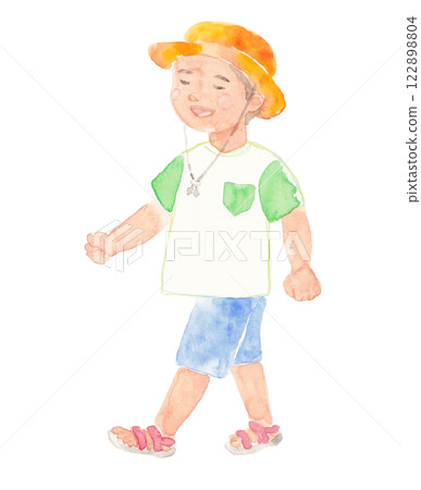 帶著微笑行走的男孩 手繪水彩插圖 122898804