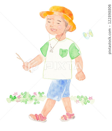 帶著微笑行走的男孩 手繪水彩插圖 帶著微笑行走的男孩 手繪水彩插圖 122898806