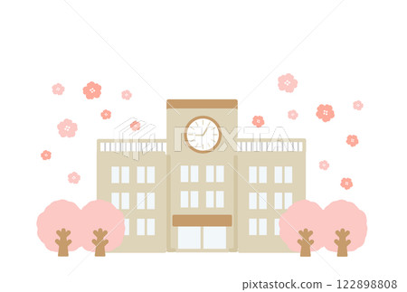 學校建築和櫻花樹插圖 122898808