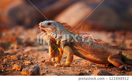 A lizard is laying on the ground in a rocky area 122898912