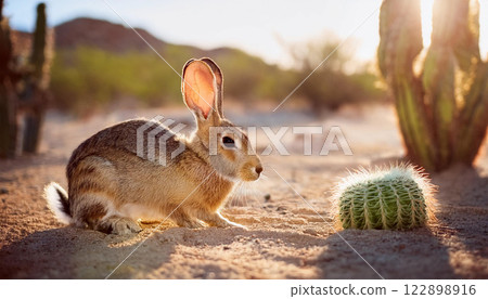 A rabbit is sitting on the ground next to a cactus 122898916