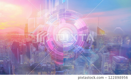 A cityscape with a glowing circle in the center 122898956