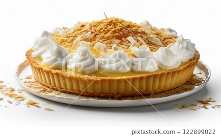 A yellow cake with whipped cream and coconut flakes on top 122899022