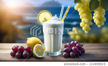 A glass of milk with a straw and a slice of lemon and a bunch of grapes 122899023