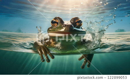A frog is swimming in the water with its eyes closed 122899053