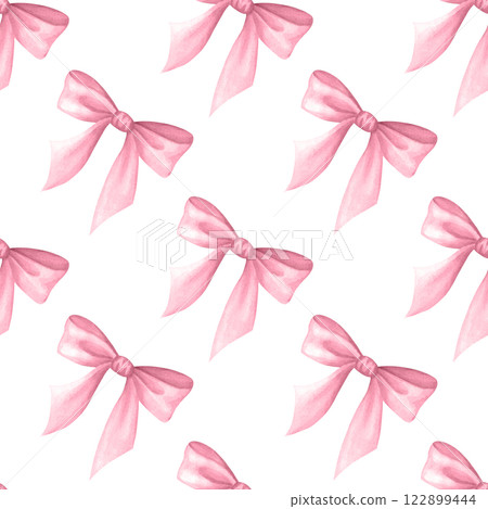 Coquette Bows in pastel pink color. Watercolor isolated hand drawn seamless pattern of delicate trendy accessory. Girly and lady style. For cutecore, romantic design, textile, wrapping, scrapbooking. Coquette Bows in pastel pink color. Watercolor isolated hand drawn seamless pattern of delicate trendy accessory. Girly and lady style. For cutecore, romantic design, textile, wrapping, scrapbooking. 122899444