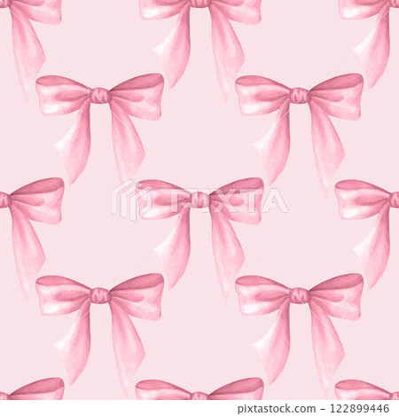 Coquette Bows in pastel pink color. Watercolor hand drawn seamless pattern of delicate trendy accessory on pink. Girly and lady style. For cutecore, romantic design, textile, wrapping, scrapbooking. 122899446