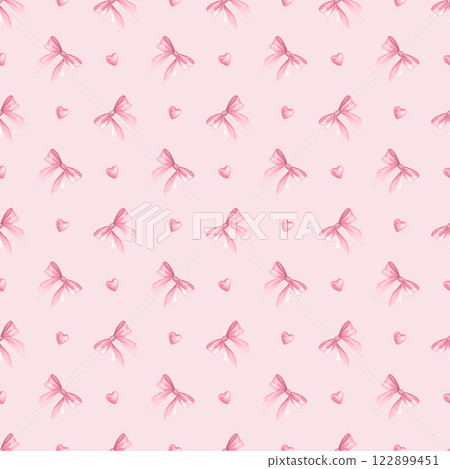 Coquette Bows and hearts in pastel pink color. Watercolor seamless pattern hand drawn on pink for cutecore, girls style, romantic greeting design, textile, wrapping, fabric and scrapbooking paper. Coquette Bows and hearts in pastel pink color. Watercolor seamless pattern hand drawn on pink for cutecore, girls style, romantic greeting design, textile, wrapping, fabric and scrapbooking paper. 122899451
