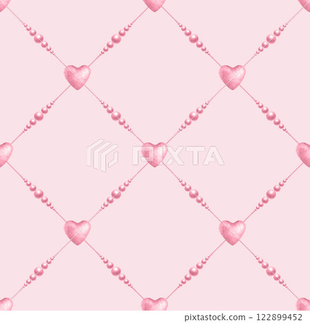 Coquette hearts and beads in pastel pink color. Watercolor seamless pattern of pendants diagonally hand drawn on pink for cutecore, romantic design, textile, wrapping, fabric and scrapbooking paper. 122899452