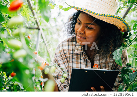 Examining cherry tomatoes in a greenhouse a millennial agronomist multitasks as quality inspector recording meticulous data on a clipboard. Portrait of meticulous farmer ensuring top-quality produce. Examining cherry tomatoes in a greenhouse a millennial agronomist multitasks as quality inspector recording meticulous data on a clipboard. Portrait of meticulous farmer ensuring top-quality produce. 122899561