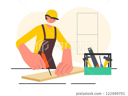 Carpentry Workshop Vector Illustration featuring Woodworking DIY, Wood Boards, Furniture Making, and a Craftsman Working with Timber in a Background 122899701