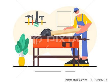 Carpentry Workshop Vector Illustration featuring Woodworking DIY, Wood Boards, Furniture Making, and a Craftsman Working with Timber in a Background Carpentry Workshop Vector Illustration featuring Woodworking DIY, Wood Boards, Furniture Making, and a Craftsman Working with Timber in a Background 122899704