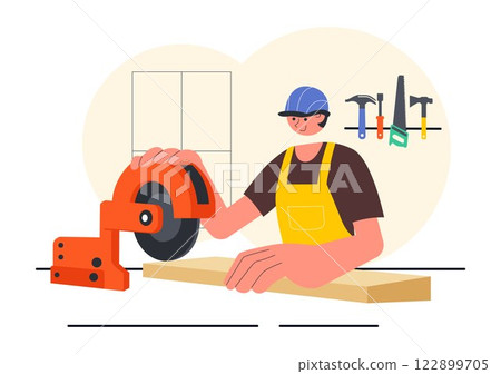 Carpentry Workshop Vector Illustration featuring Woodworking DIY, Wood Boards, Furniture Making, and a Craftsman Working with Timber in a Background 122899705