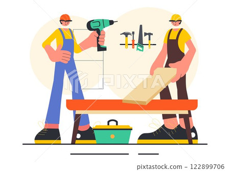 Carpentry Workshop Vector Illustration featuring Woodworking DIY, Wood Boards, Furniture Making, and a Craftsman Working with Timber in a Background Carpentry Workshop Vector Illustration featuring Woodworking DIY, Wood Boards, Furniture Making, and a Craftsman Working with Timber in a Background 122899706