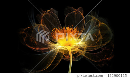 Golden x-ray image of a ethereal flower on black. Fantasy mystical blossom. Generative AI 122900115