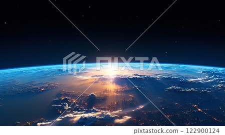 Panoramic view on planet Earth globe from space. Glowing city lights, light clouds. Generative AI 122900124