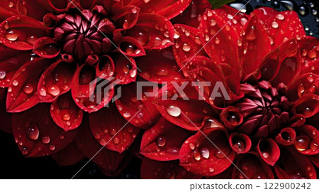 Red Dahlia flowers with water drops background. Closeup of delicate blossom with glistening droplets. Generative AI 122900242